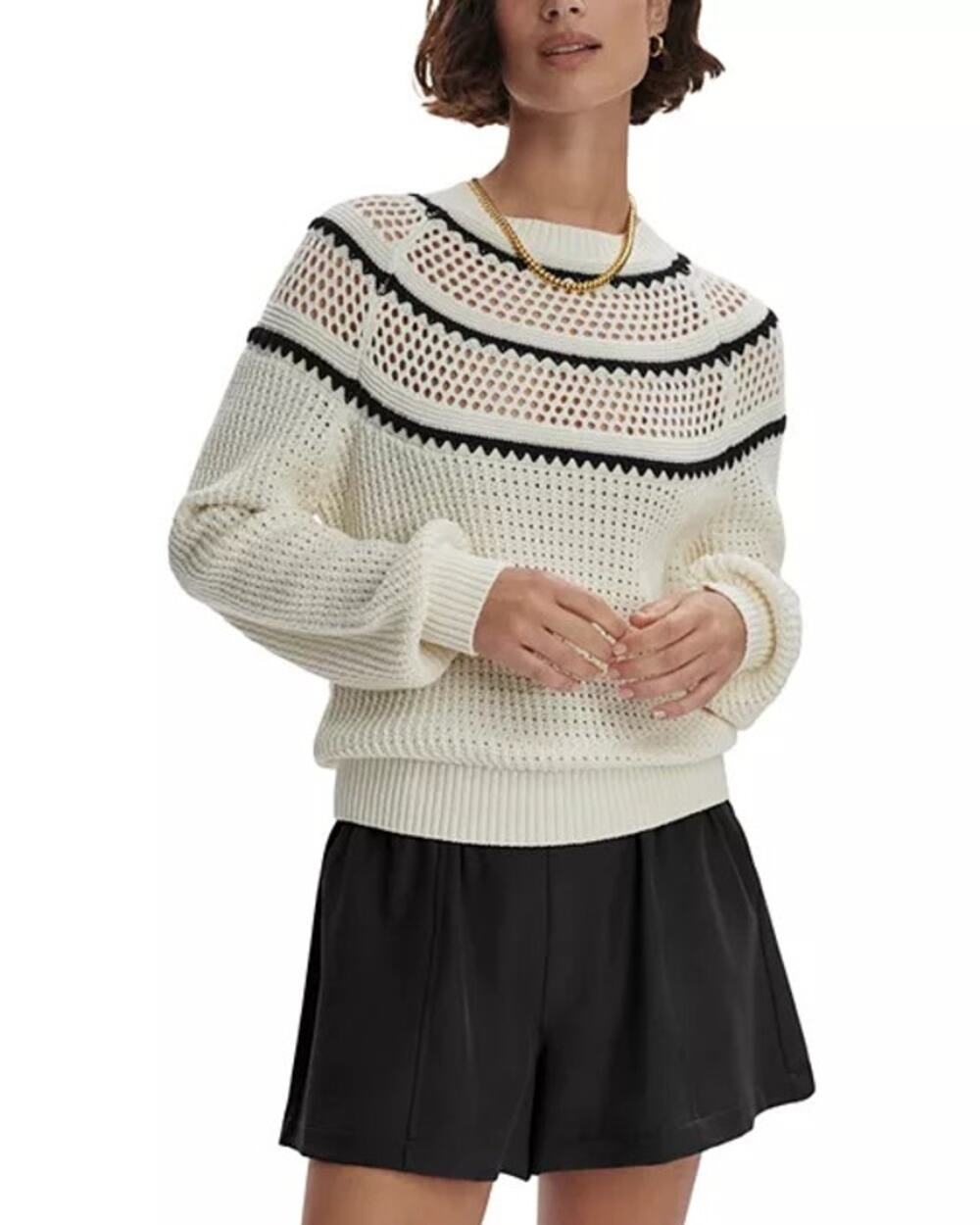 Varley Padbury Pointelle Knit Sweater Size S White Black Striped Cotton Crochet